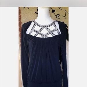 VENUS Black and White Embellished Long Sleeve Blouse